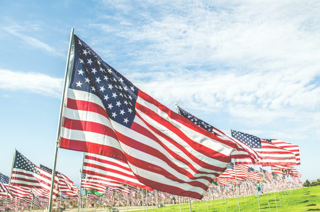 A field of american flags with the sky in background.